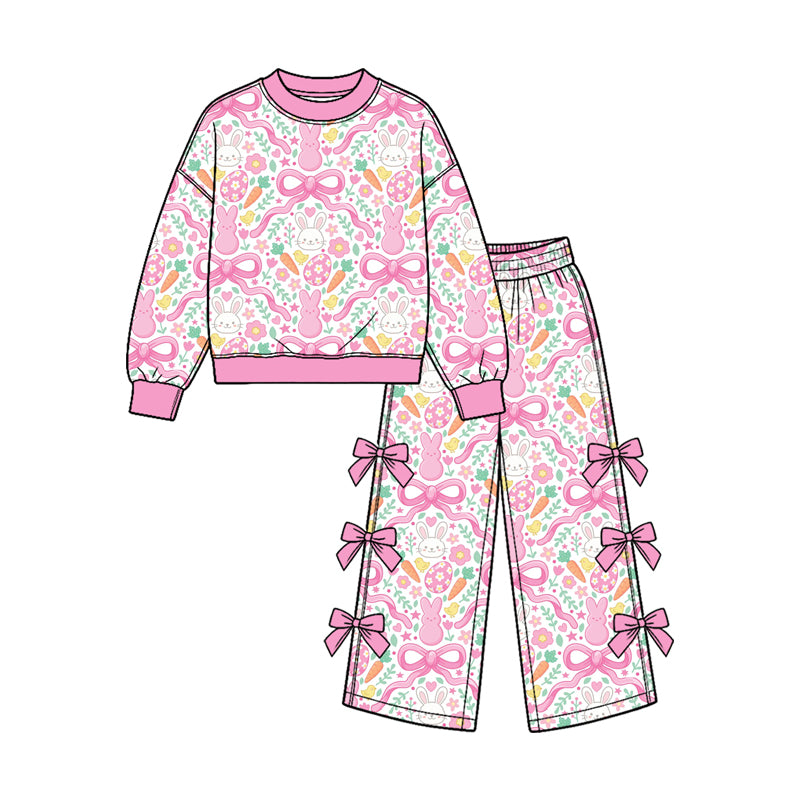 (Preorder new) No moq Baby Girls Pink Easter Bunny Bow Floral Print Long Sleeve Top Pants Jumpsuit Outfit Set