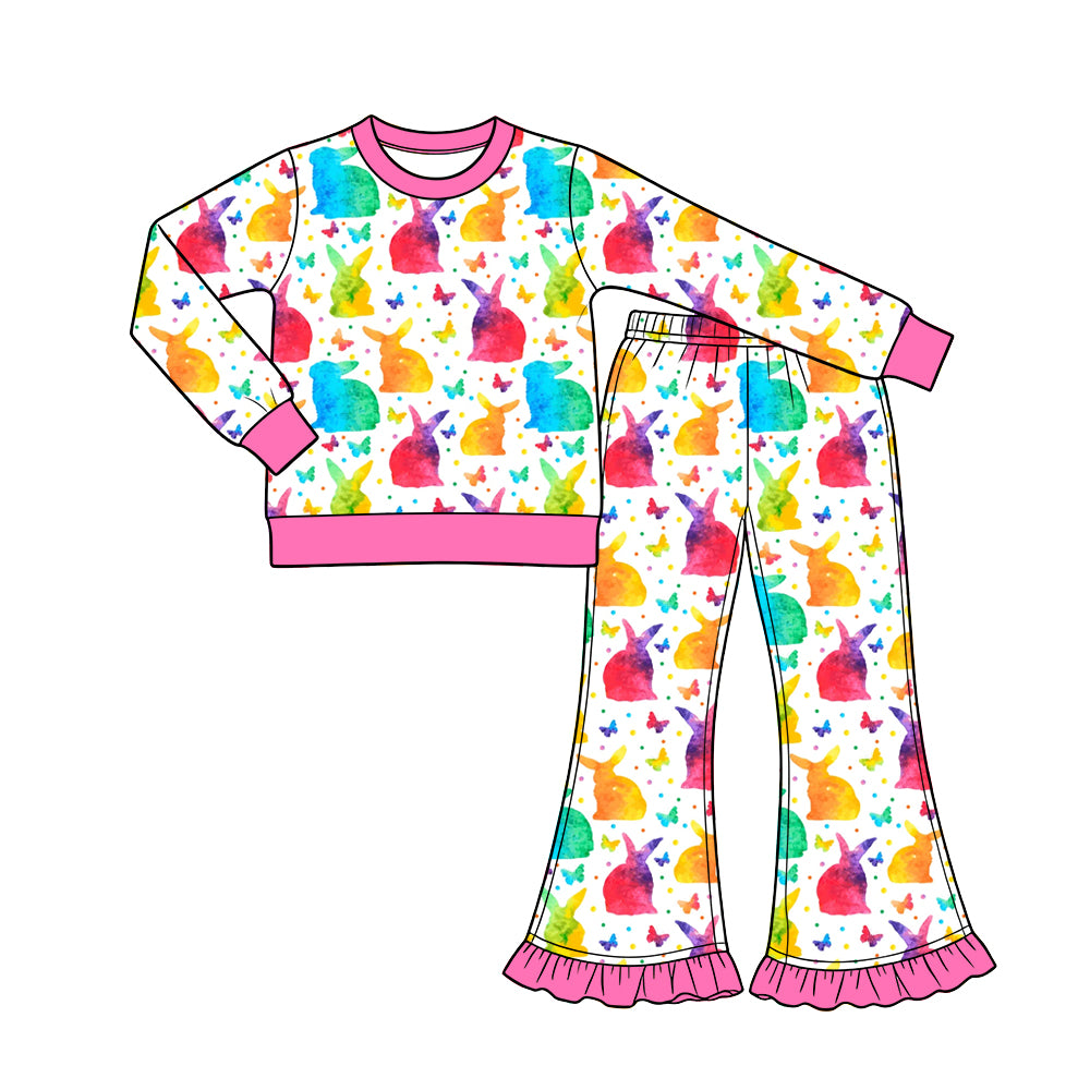 (Preorder new) No moq Baby Girls Rainbow Watercolor Bunny Print Long Sleeve Pants Zipper Romper Set