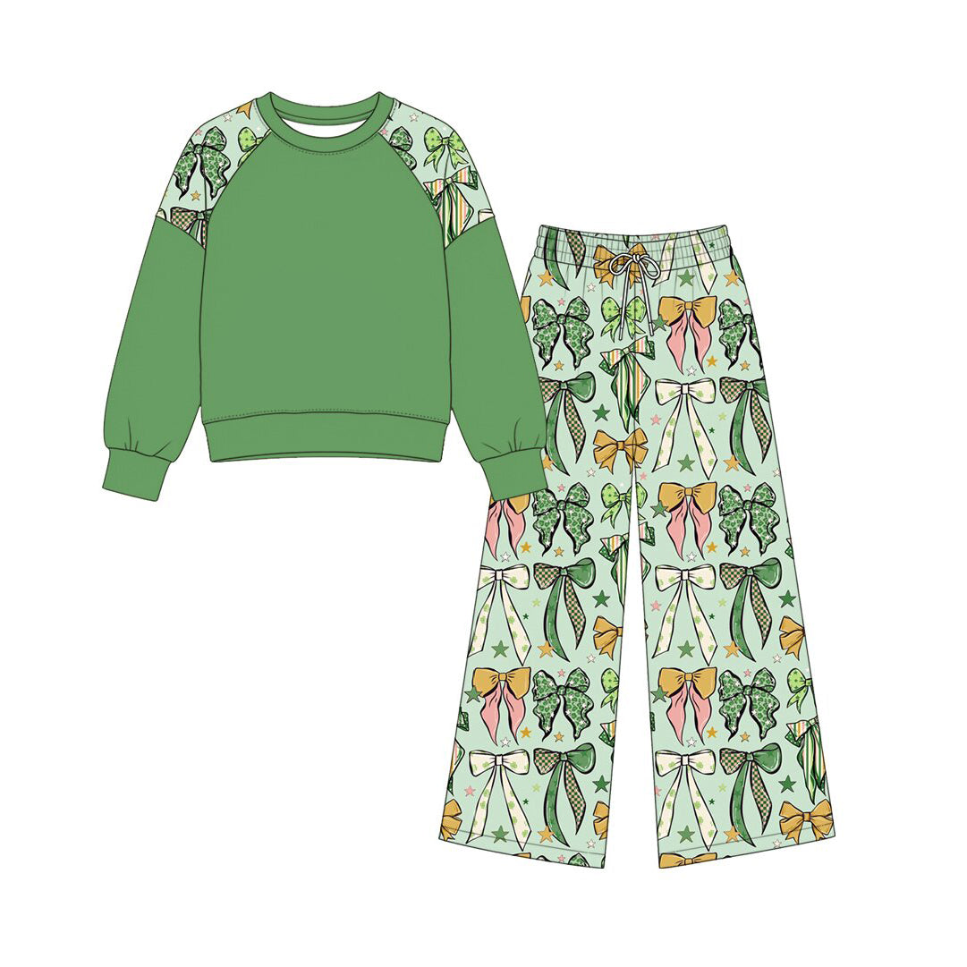 (Preorder new) No moq Baby Girls Green Bow Print Long Sleeve Pajama Sweatshirt Pants Zipper Romper Outfit