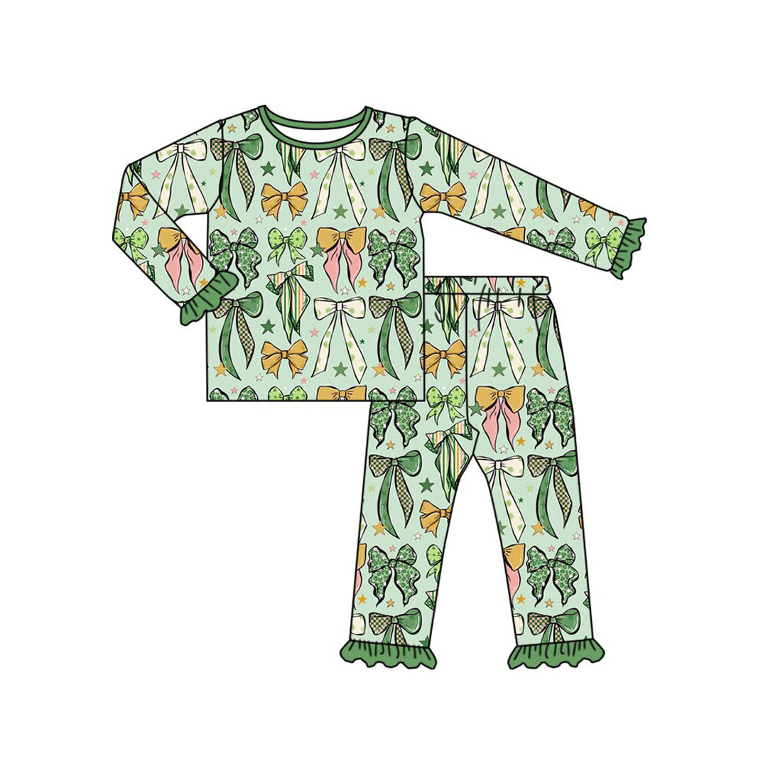 (Preorder new) No moq Baby Girls Green Bow Print Long Sleeve Pajama Sweatshirt Pants Zipper Romper Outfit