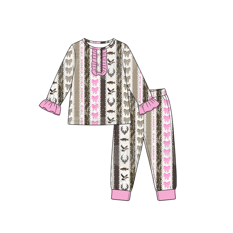 (Preorder new) No moq Baby Girls Pink Bow Deer Antler Stripe Long Sleeve Top Pants Jumpsuit Outfit Set