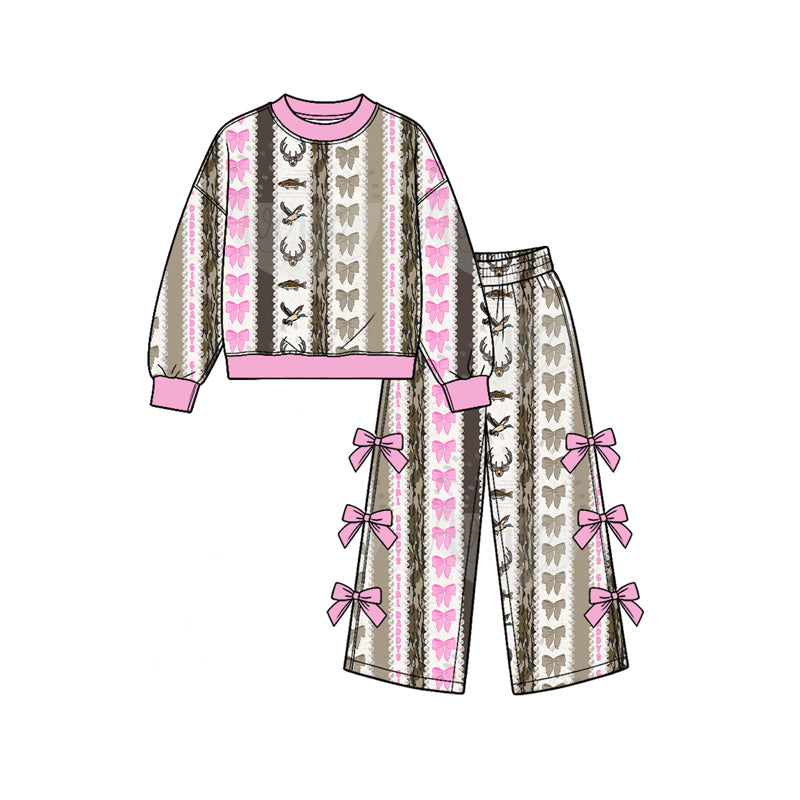 (Preorder new) No moq Baby Girls Pink Bow Deer Antler Stripe Long Sleeve Top Pants Jumpsuit Outfit Set