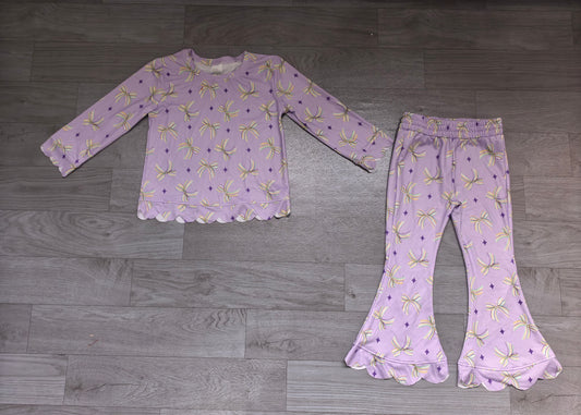 (Sample) No moq milk silk GLP3976 Baby Girls Rainbow Bows Flare Pants Scallop Trim Clothes Sets