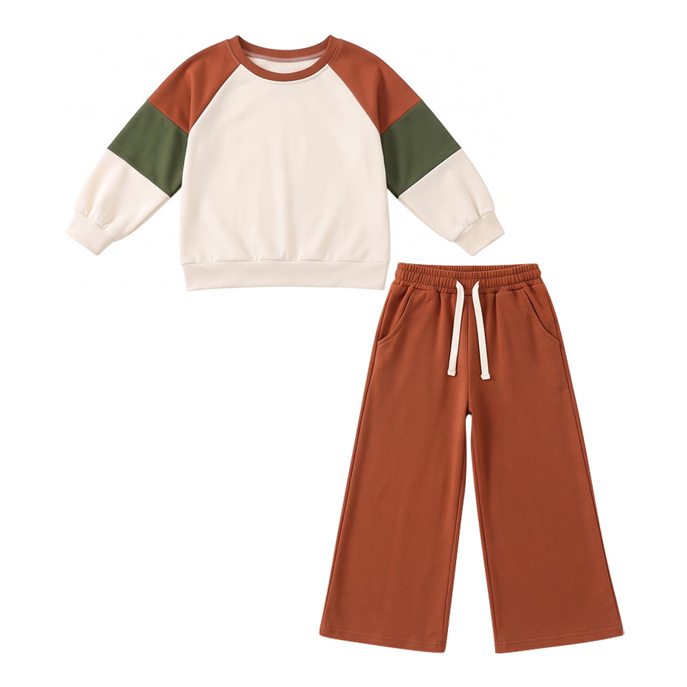 (Preorder new) No moq cotton Baby Girls Brown Olive Patchwork Button Shirt Pockets Flare Pant Cotton Clothes Set