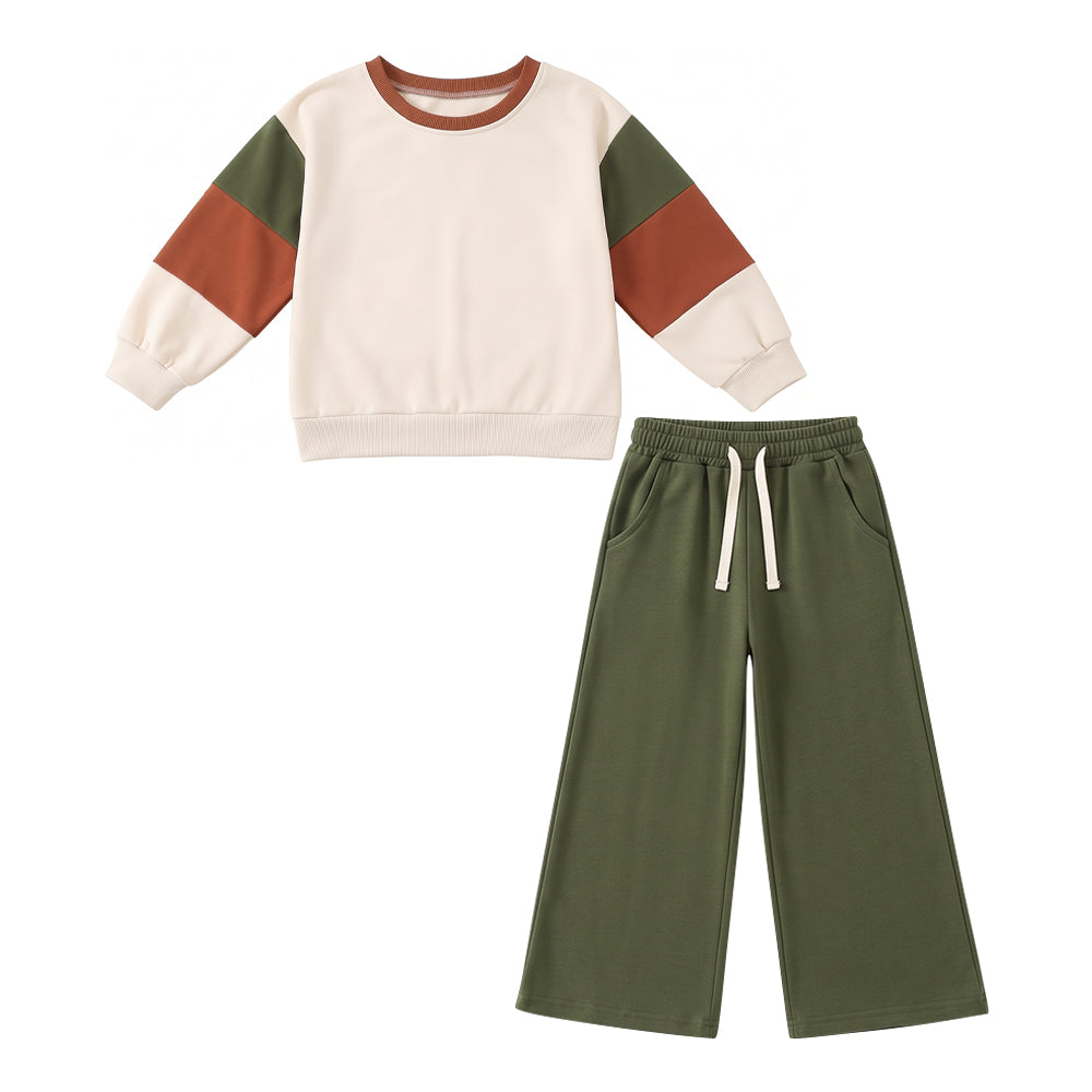 (Preorder new) No moq cotton Baby Girls Brown Olive Patchwork Button Shirt Pockets Flare Pant Cotton Clothes Set
