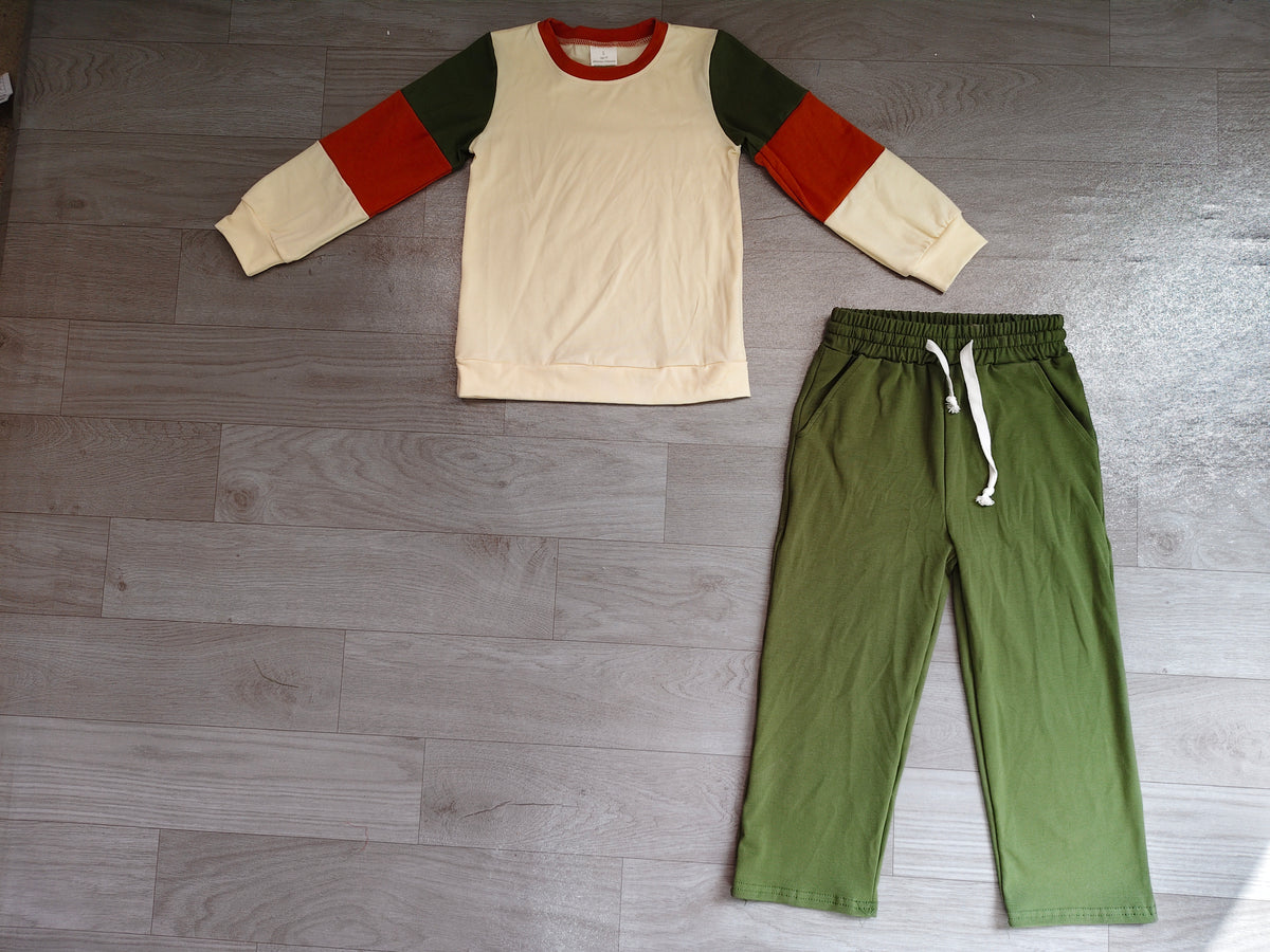 (Sample) No moq cotton GLP3978 Baby Girls Olive Brown Patchwork Shirt Pockets Flare Pant Cotton Clothes Set