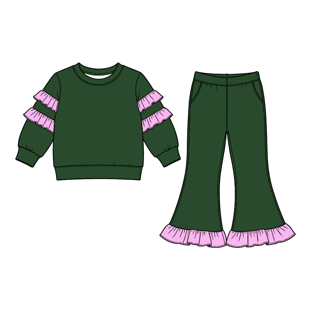 (Preorder new) No moq GLP3981  Baby Girls Green Long Sleeve Top Bell Bottom Ruffle Pant Clothes Set