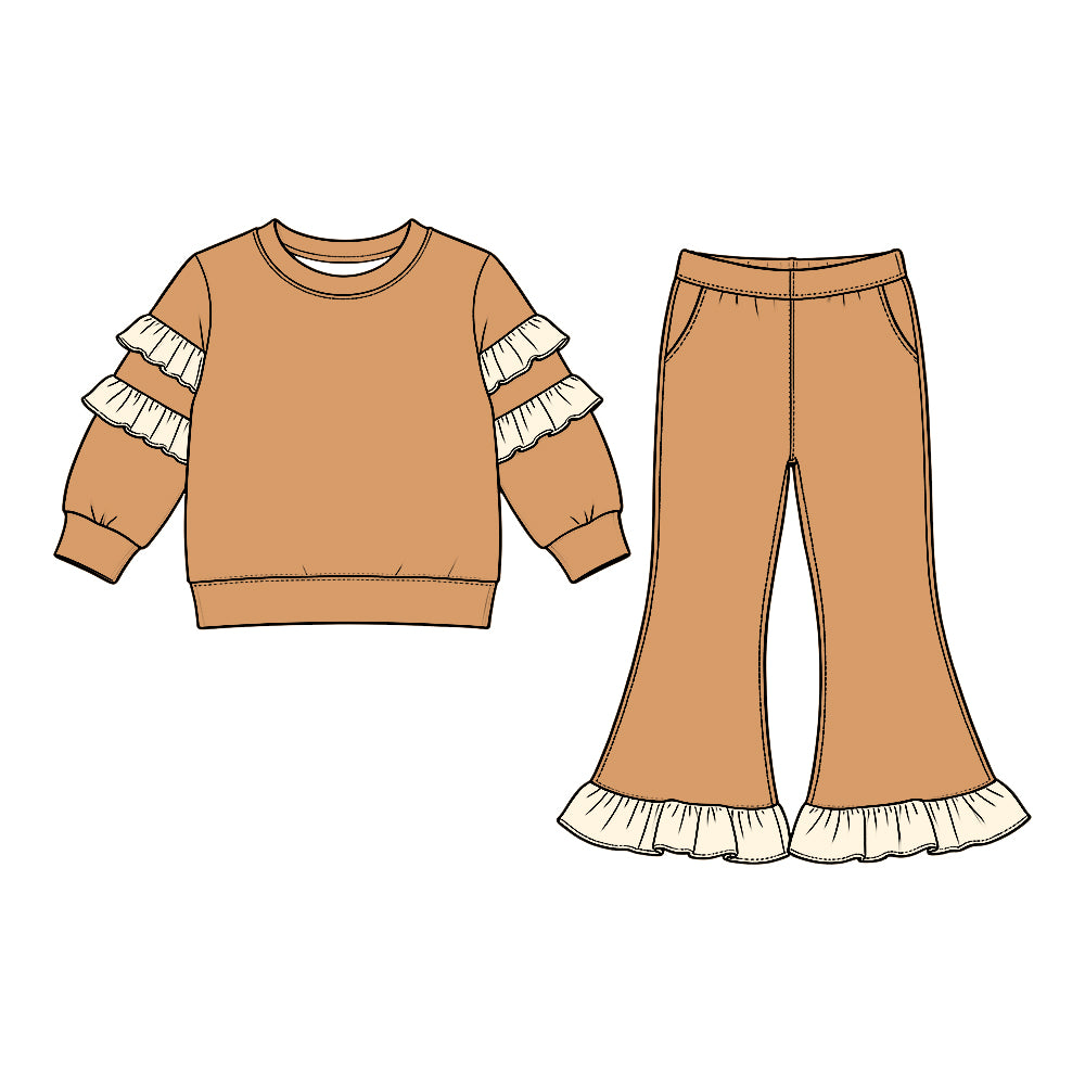 (Preorder new) No moq GLP3982 Baby Girls Khaki Long Sleeve Top Bell Bottom Ruffle Pant Clothes Set