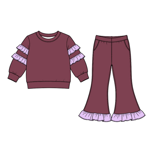 (Preorder new) No moq GLP3983 Baby Girls Maroon Long Sleeve Top Bell Bottom Ruffle Pant Clothes Set