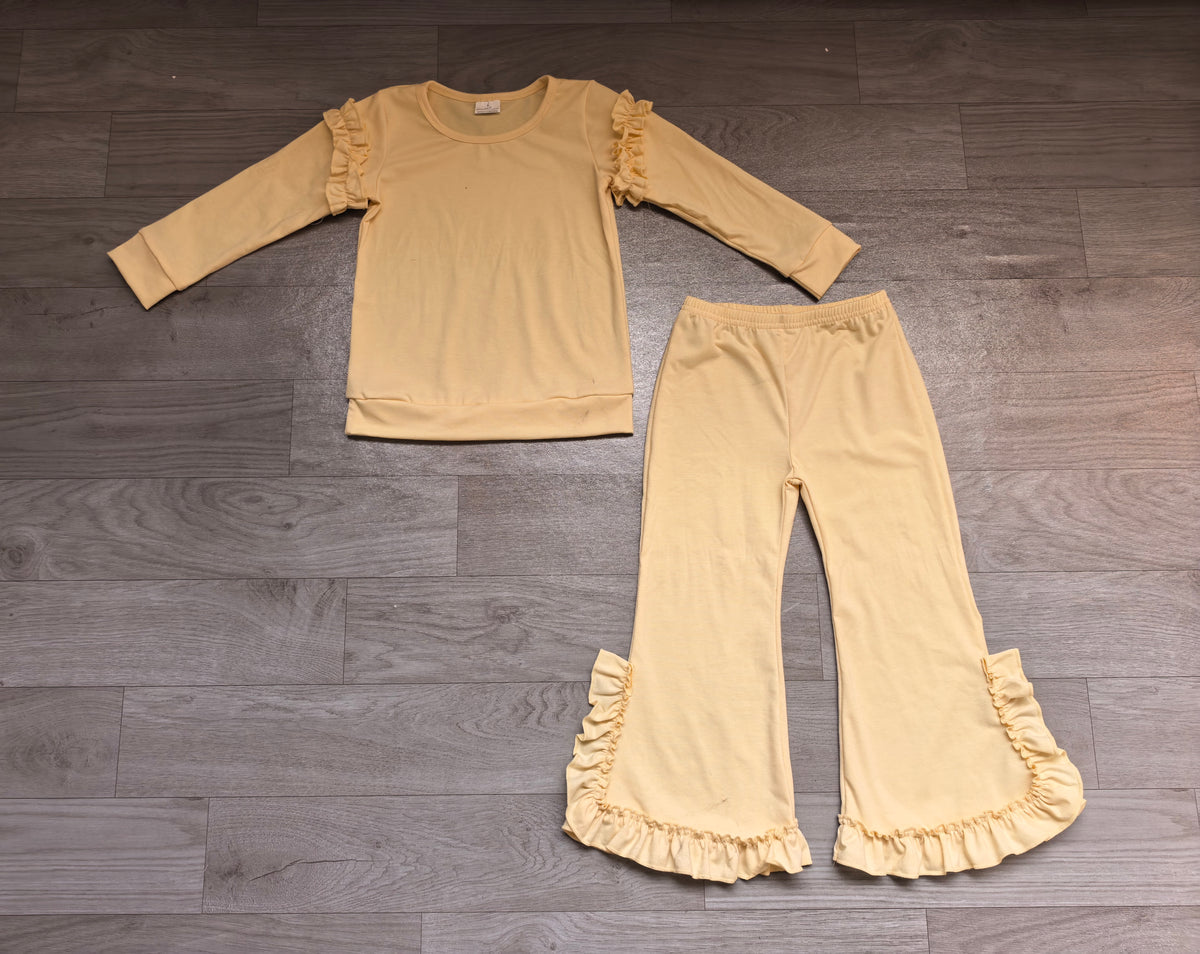 (Sample) No moq cotton GLP3986（GT1950+P1272）Baby Girls Yellow Cotton Top Ruffle Flare Pant Casual Set