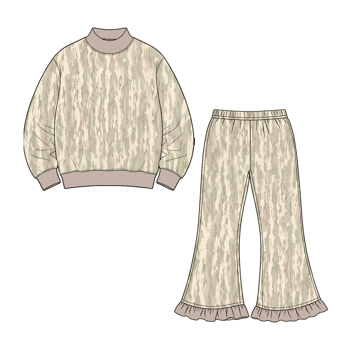 (Preorder new) No moq GLP3988 High Neck Baby Girls Khaki Camo Choker Shirts Top Ruffle Flare Pant 2 Piece Clothes Sets