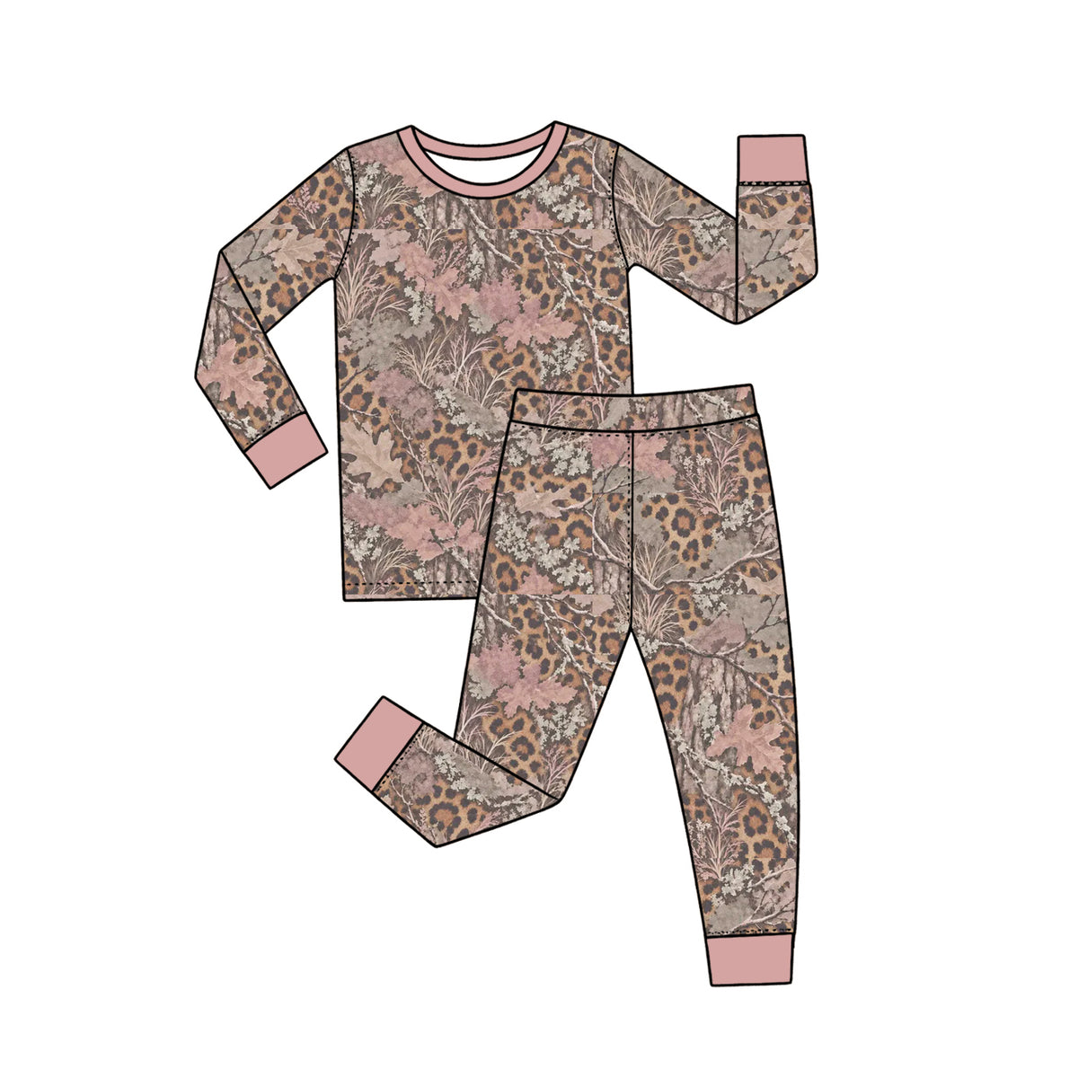 (Preorder new) No moq Baby Girls Camo Leopard Leaf Print Zipper Romper And Long Sleeve Pajama Set