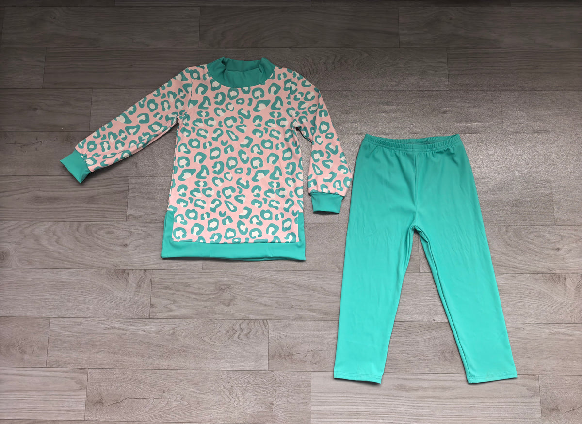 (Sample) No moq yoga fabric GLP3990（GT1953+P1275） High Neck Baby Girls Pink Teal Leopard Mock Neck Tunic Solid Color Legging Yoga Outfit