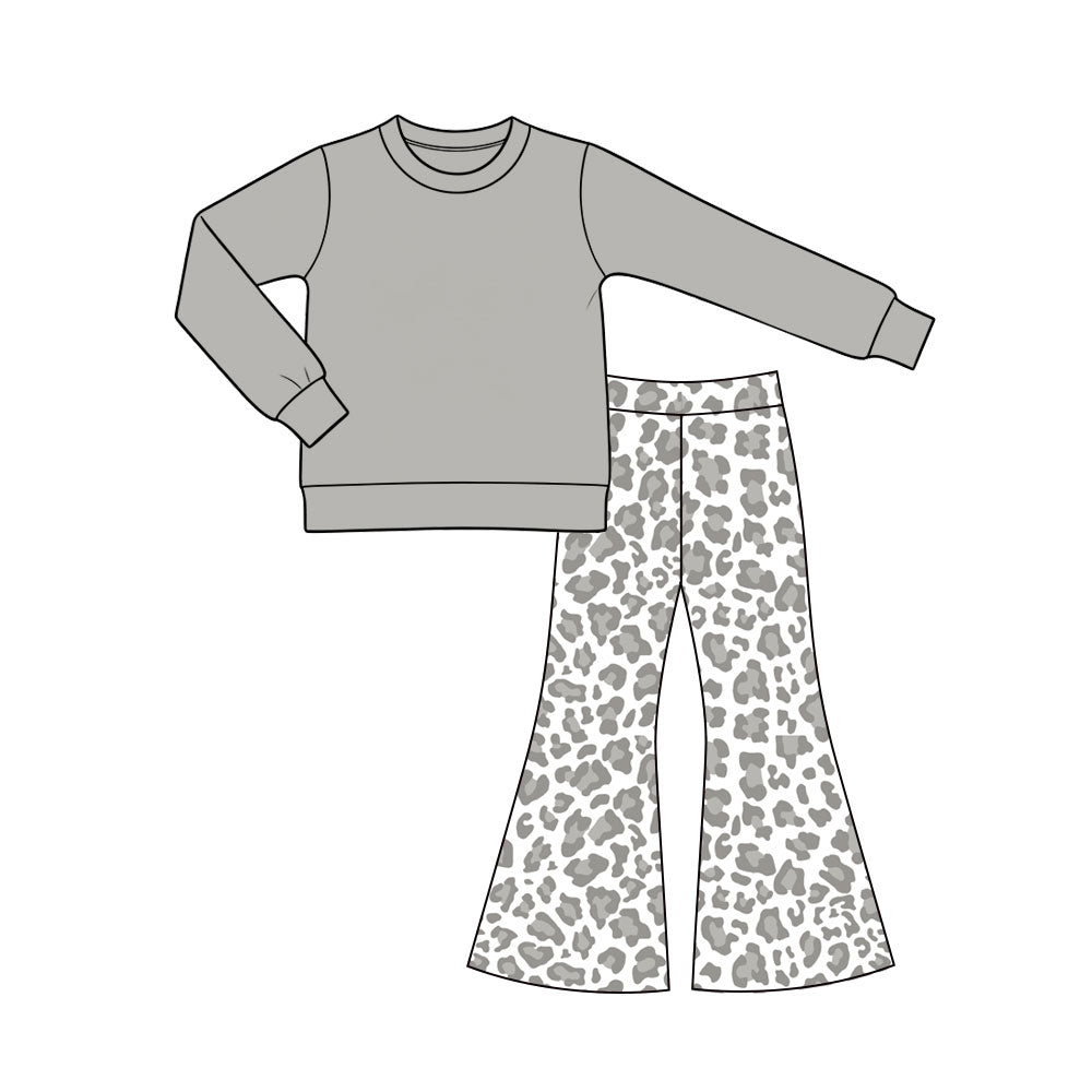 (Preorder new) No moq GLP3992 Baby Girls Solid Gray Crew Neck Long Sleeve Top Bell Bottom Set