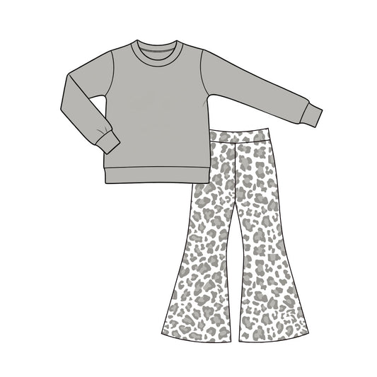 (Preorder new) No moq GLP3992 Baby Girls Solid Gray Crew Neck Long Sleeve Top Bell Bottom Set