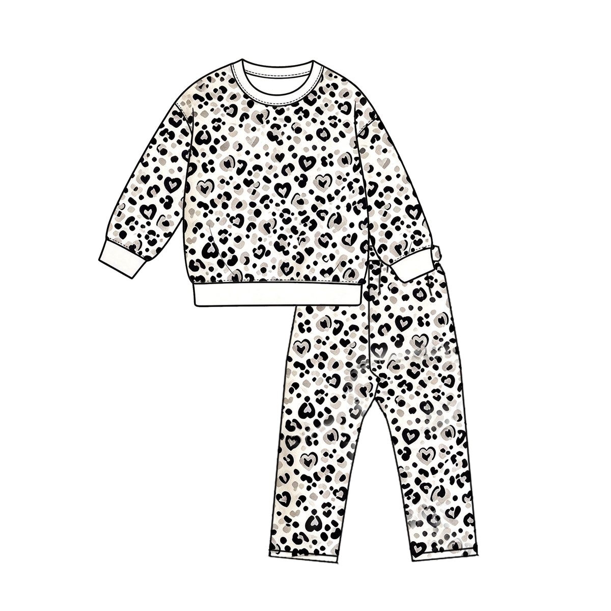 (Preorder new) No moq GLP3993 Baby Boys Girls Heart Leopard Print Crew Neck Top Jogger Pants Outfit Set