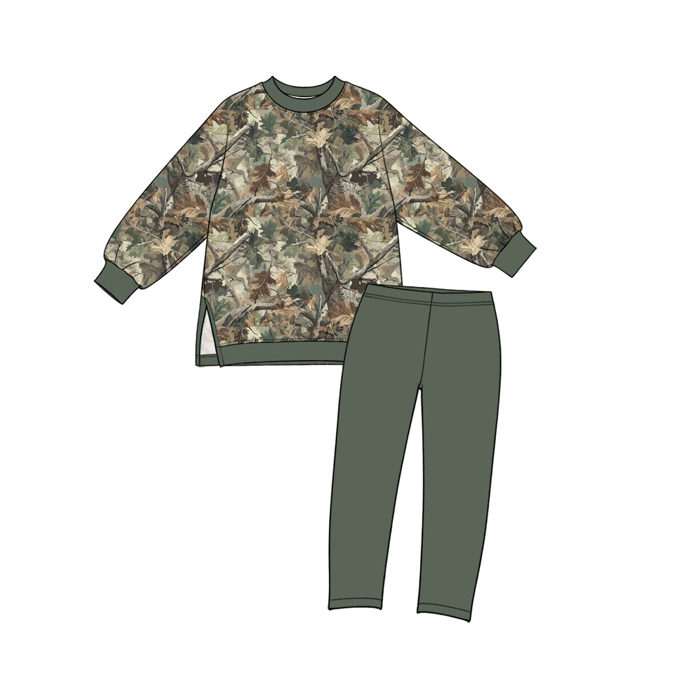 (Preorder new) No moq yoga fabric Baby Girls Tree Camo Print Long Sleeve Crew Neck Top And And Solid Leggings Yoga Clothes Set