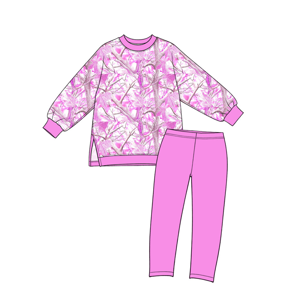 (Preorder new) No moq yoga fabric Baby Girls Tree Camo Print Long Sleeve Crew Neck Top And And Solid Leggings Yoga Clothes Set