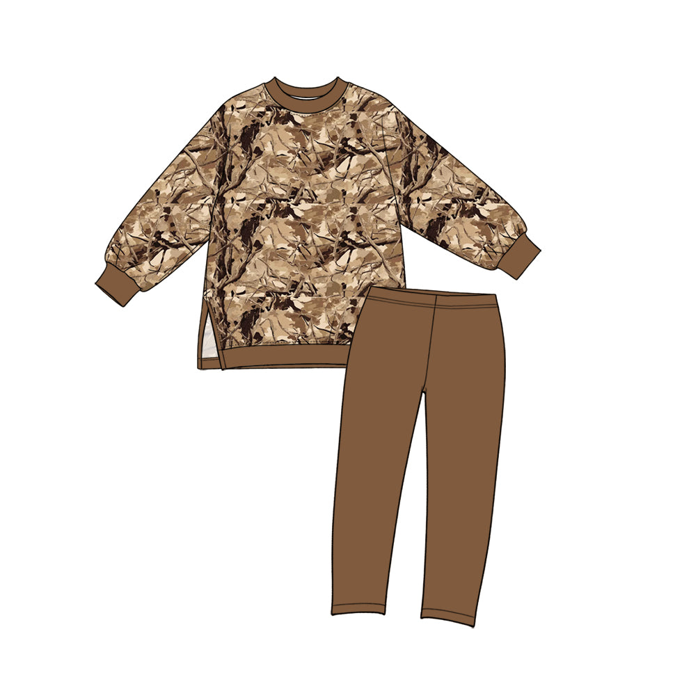 (Preorder new) No moq yoga fabric Baby Girls Tree Camo Print Long Sleeve Crew Neck Top And And Solid Leggings Yoga Clothes Set