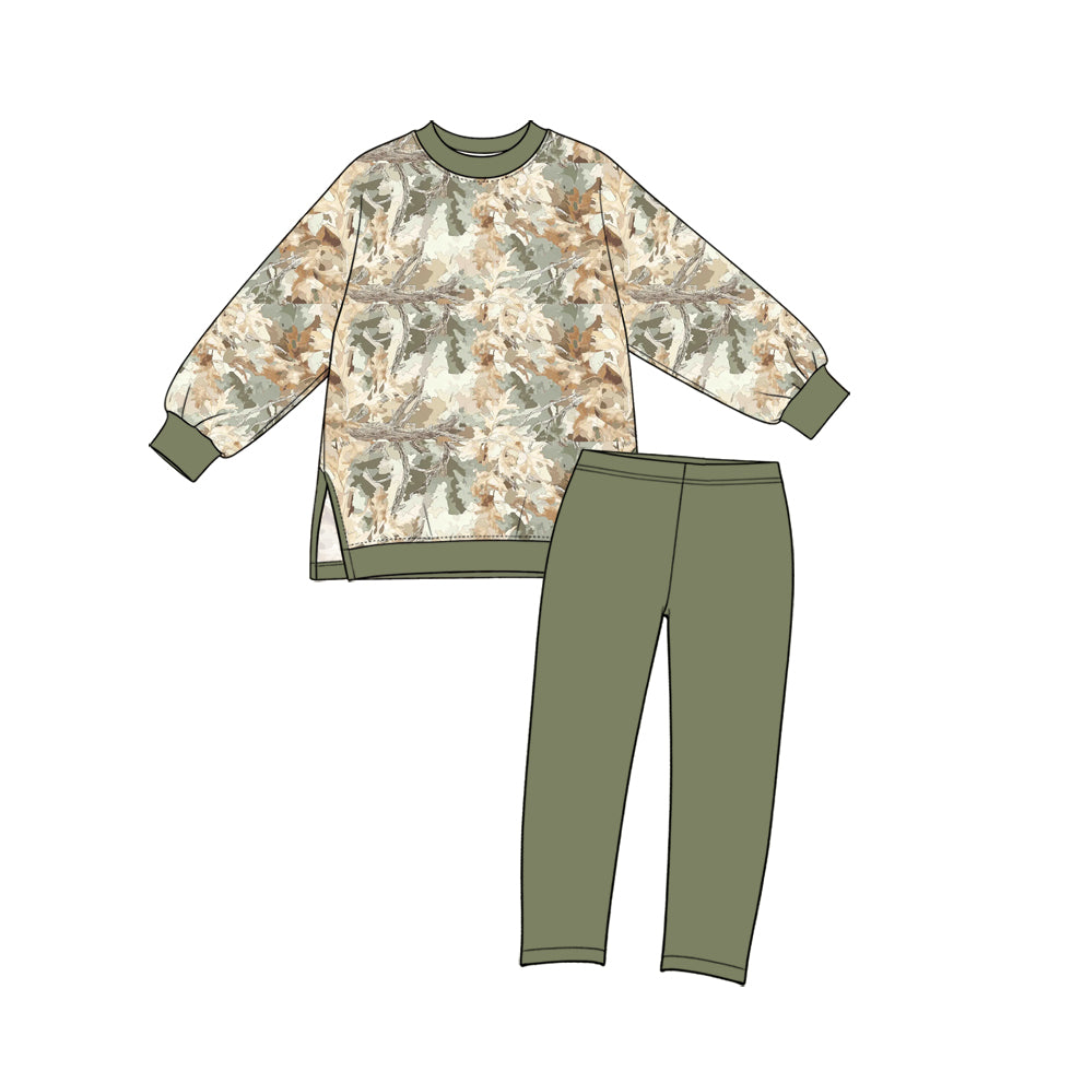 (Preorder new) No moq yoga fabric Baby Girls Tree Camo Print Long Sleeve Crew Neck Top And And Solid Leggings Yoga Clothes Set