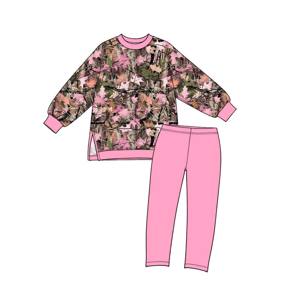 (Preorder new) No moq yoga fabric Baby Girls Tree Camo Print Long Sleeve Crew Neck Top And And Solid Leggings Yoga Clothes Set