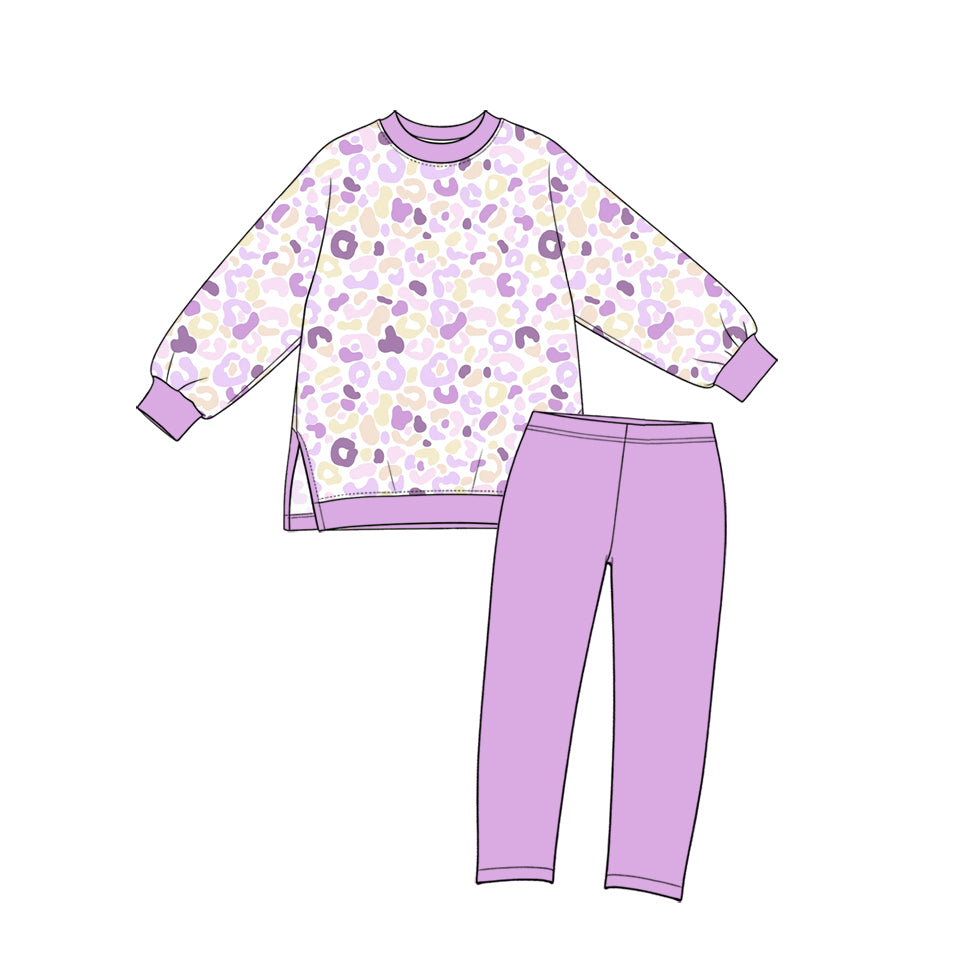 (Preorder new) No moq yoga fabric Baby Girls Leopard Print Long Sleeve Crew Neck Top And And Solid Leggings Yoga Clothes Set