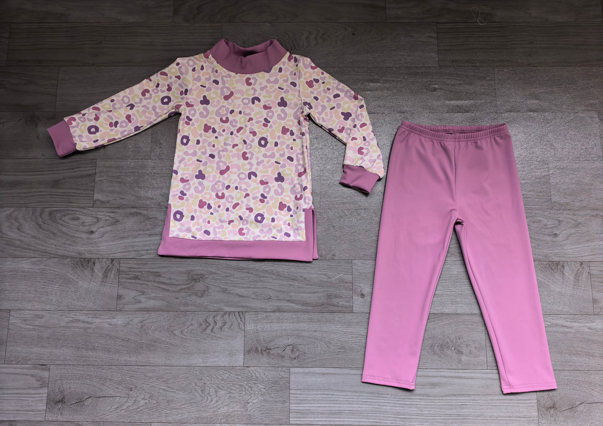 (Sample) No moq yoga fabric GLP4003（GT1968+P1286） High Neck Baby Girls Lavender Leopard Mock Neck Tunic Solid Color Legging Yoga Outfit