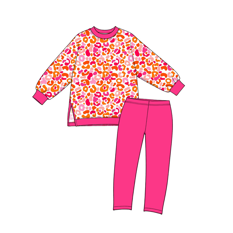 (Preorder new) No moq yoga fabric Baby Girls Leopard Print Long Sleeve Crew Neck Top And And Solid Leggings Yoga Clothes Set
