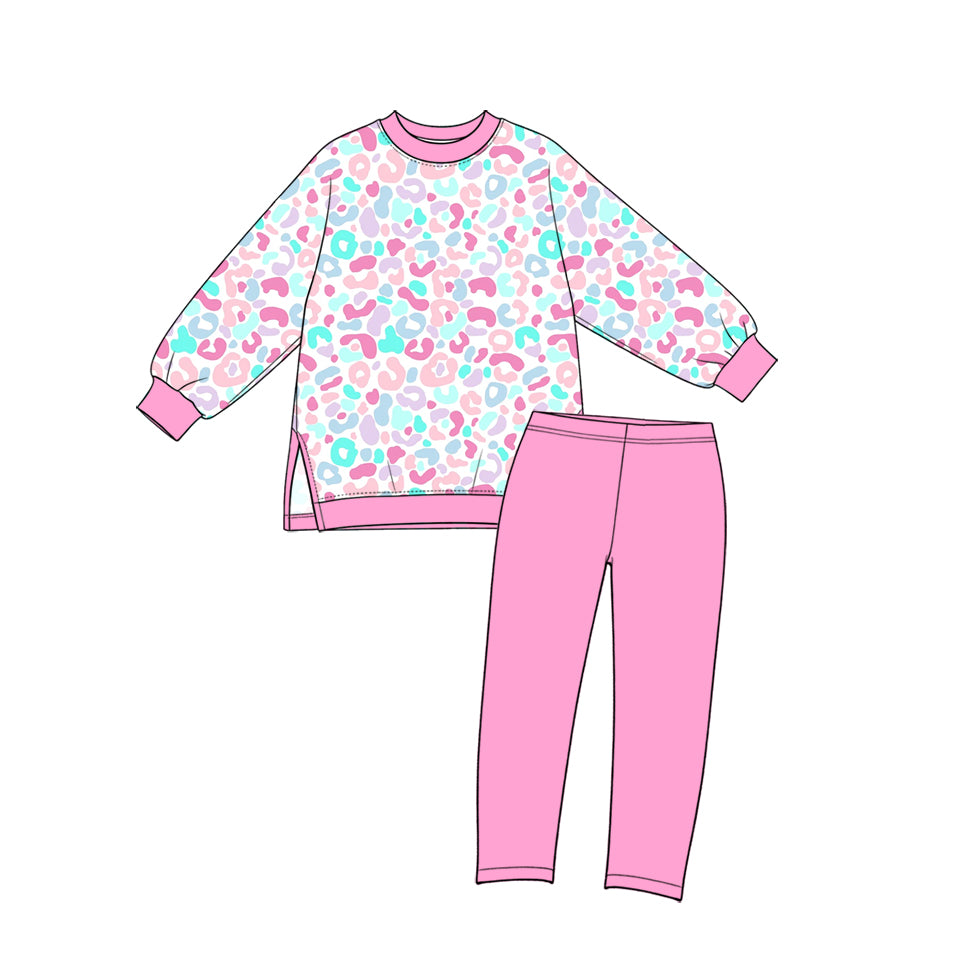 (Preorder new) No moq yoga fabric Baby Girls Leopard Print Long Sleeve Crew Neck Top And And Solid Leggings Yoga Clothes Set