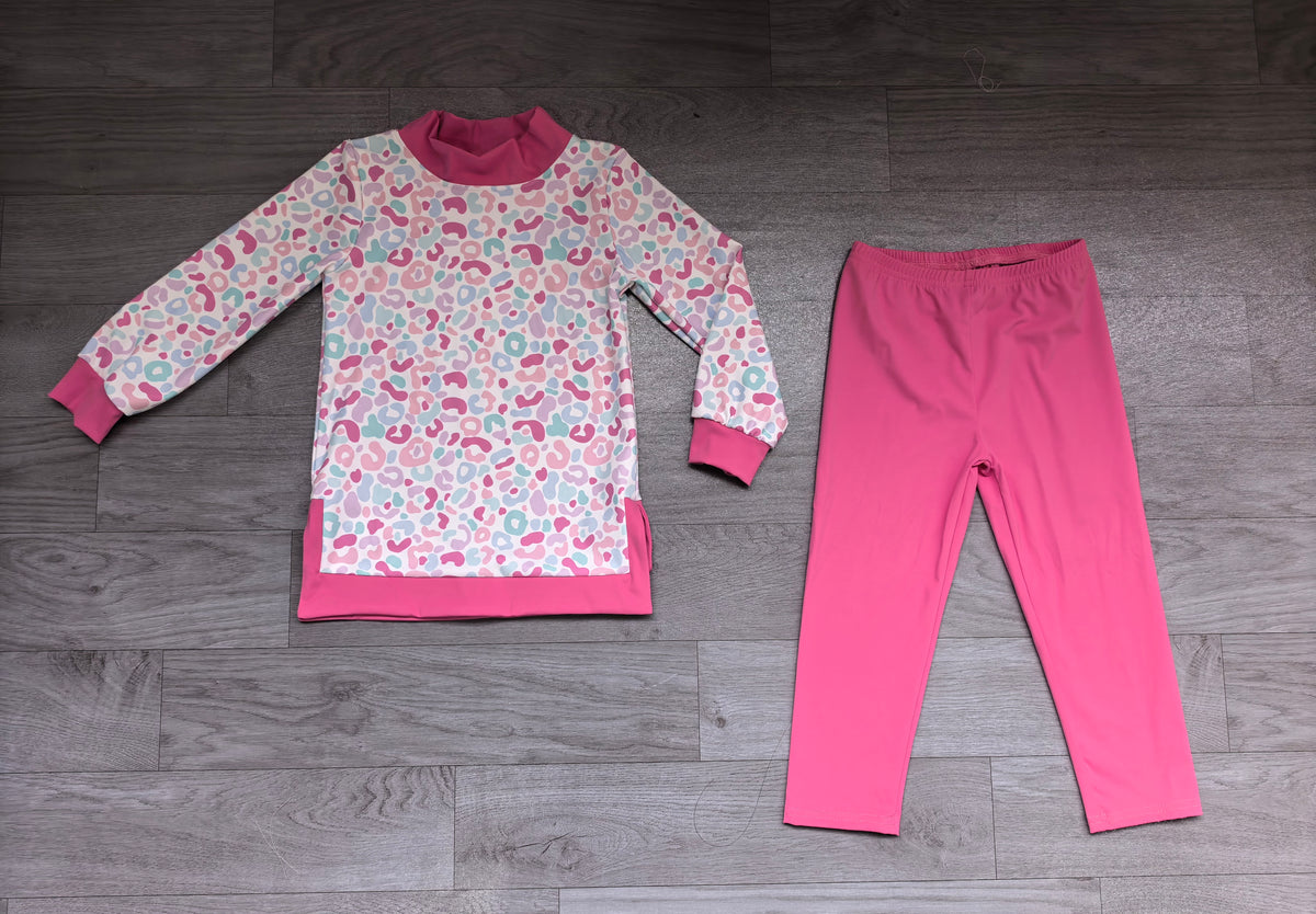 (Sample) No moq yoga fabric GLP4005（GT1970+P1288） High Neck Baby Girls Pink Blue Leopard Mock Neck Tunic Solid Color Legging Yoga Outfit