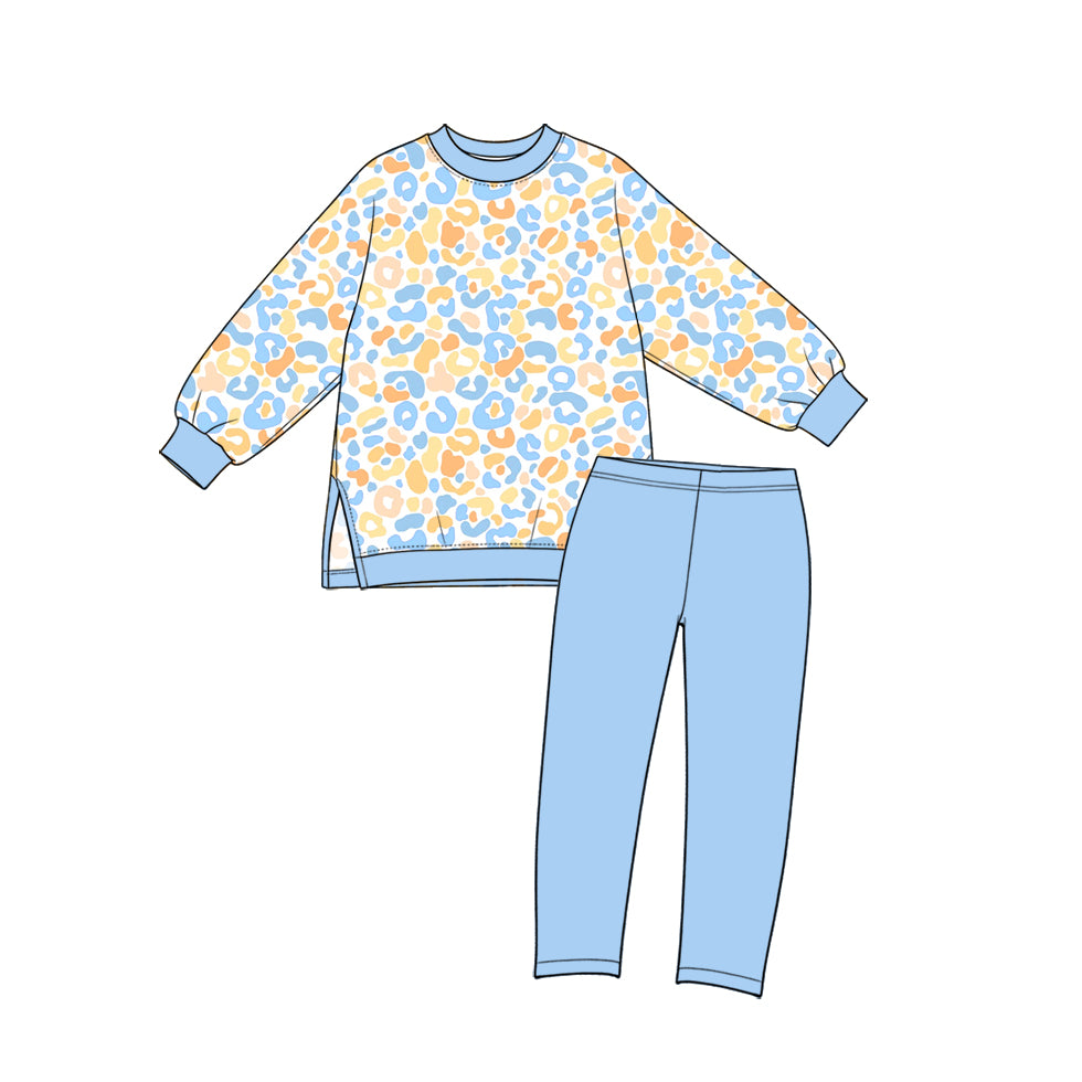 (Preorder new) No moq yoga fabric Baby Girls Leopard Print Long Sleeve Crew Neck Top And And Solid Leggings Yoga Clothes Set