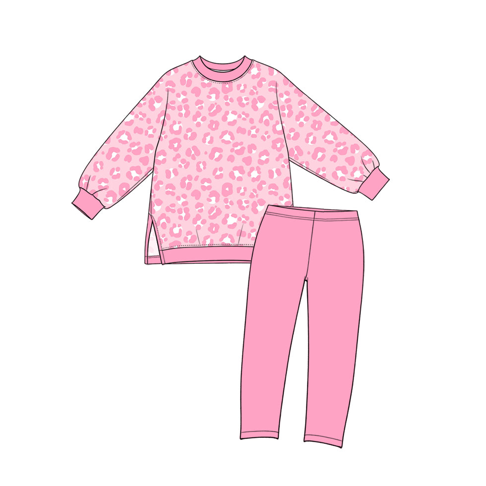 (Preorder new) No moq yoga fabric Baby Girls Leopard Print Long Sleeve Crew Neck Top And And Solid Leggings Yoga Clothes Set