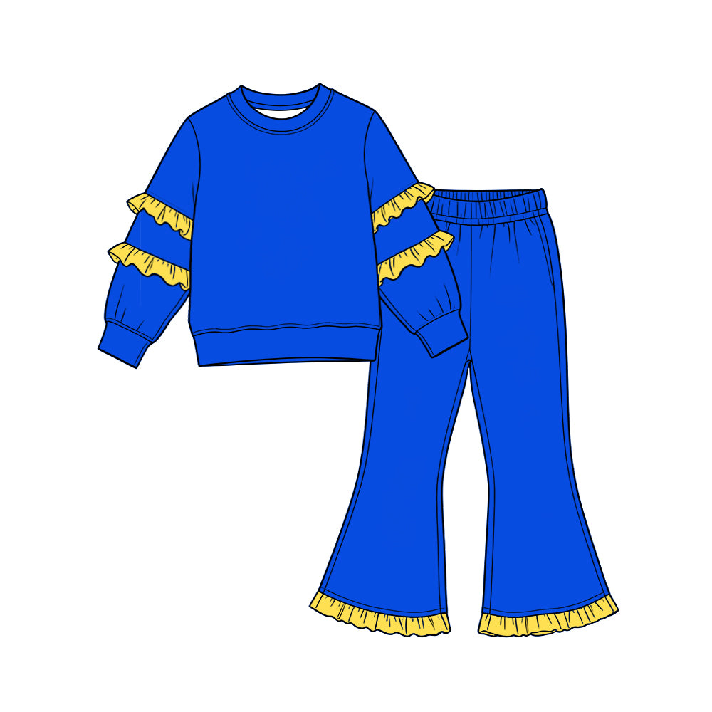 (Preorder new) No moq Baby Girls Solid Color Long Sleeve Top Double Ruffle Sleeve And Hem Bell Bottom Pants Set