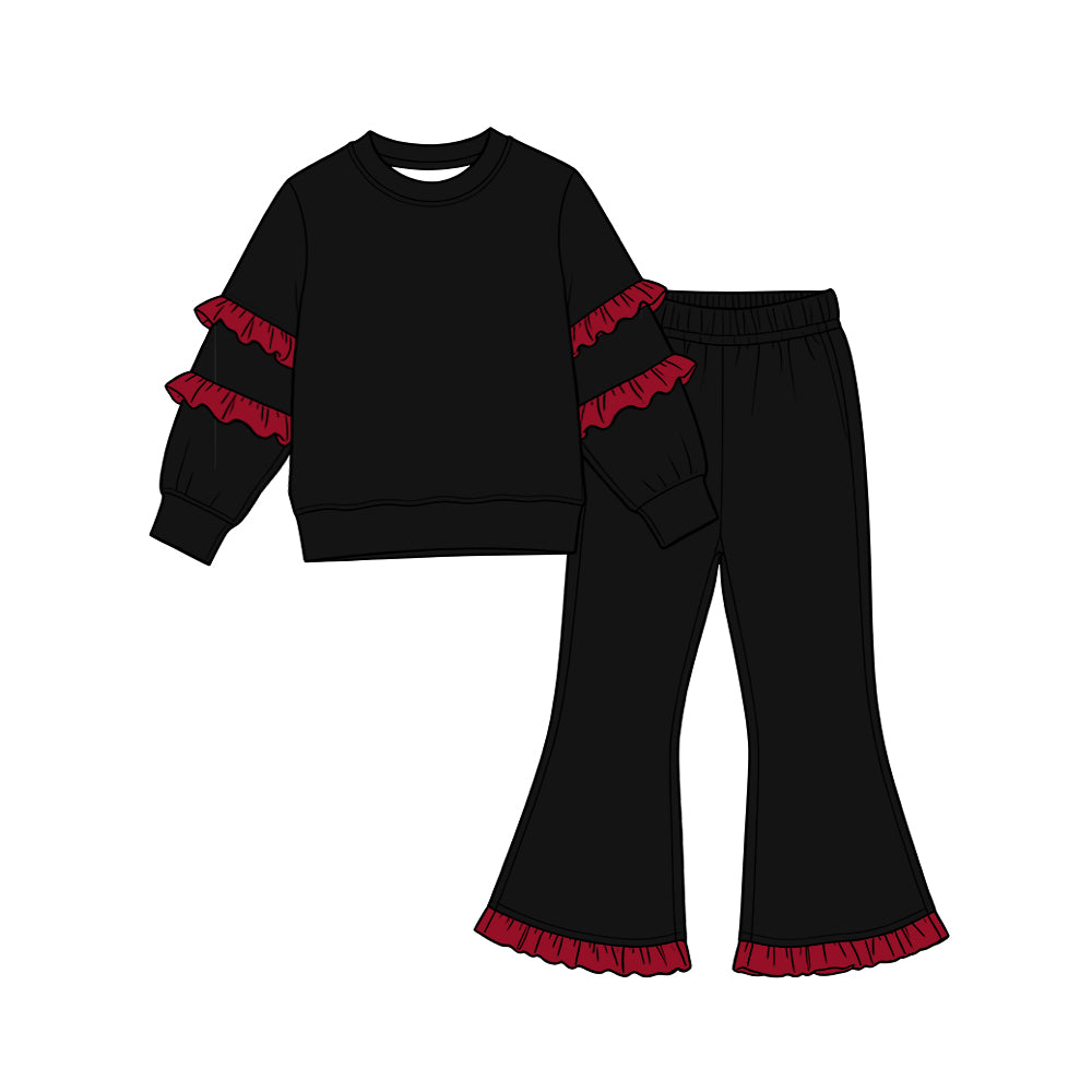 (Preorder new) No moq Baby Girls Solid Color Long Sleeve Top Double Ruffle Sleeve And Hem Bell Bottom Pants Set