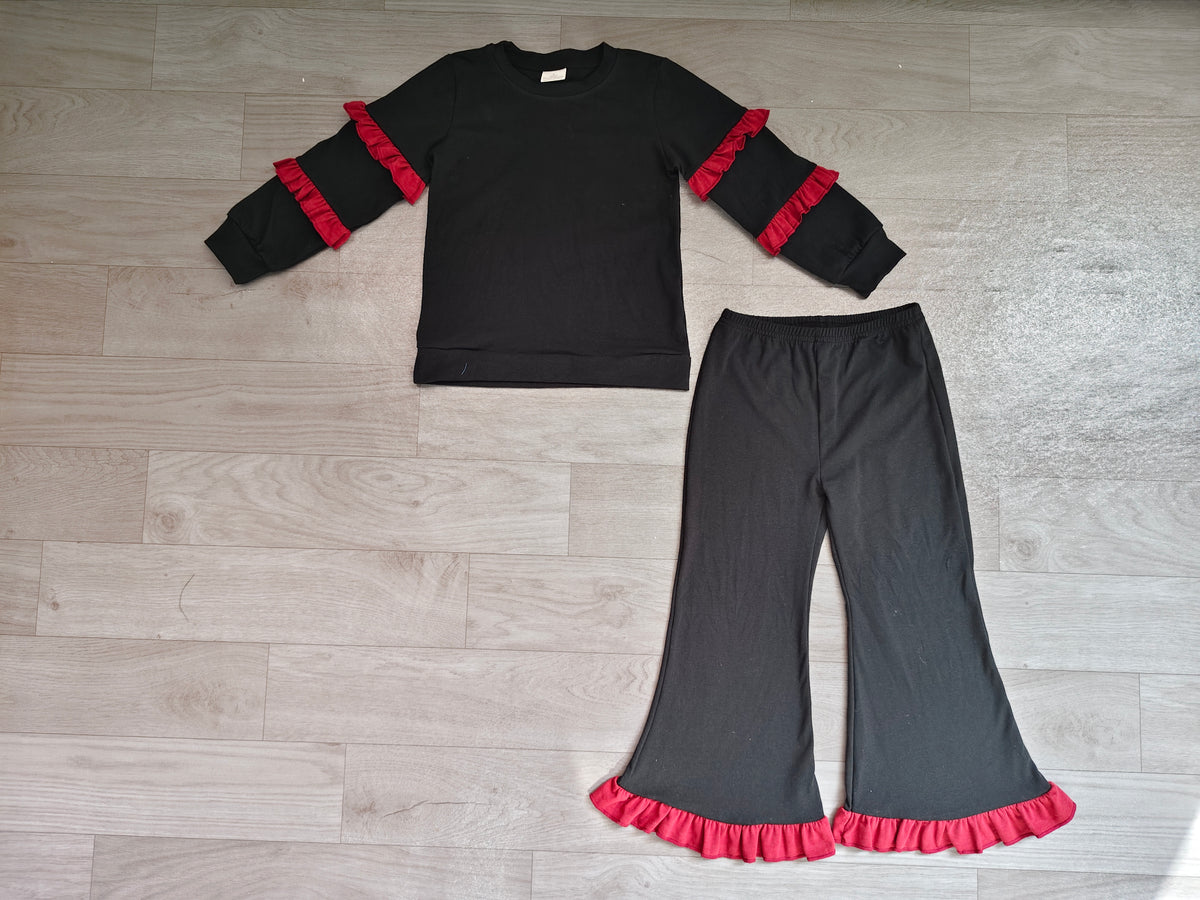 (Sample) No moq cotton GLP4009 Baby Girls Black Long Sleeve Top Ruffle Bell Bottom Pant Clothes Set