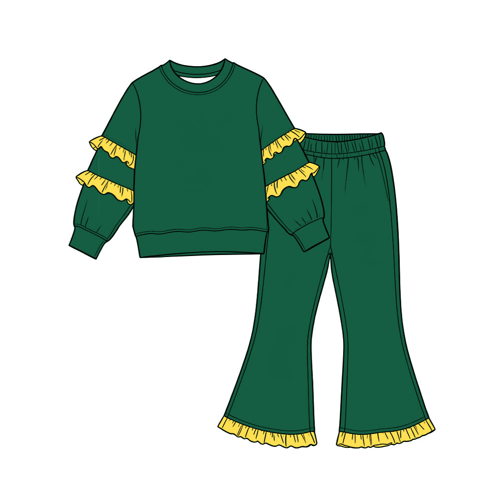 (Preorder new) No moq Baby Girls Solid Color Long Sleeve Top Double Ruffle Sleeve And Hem Bell Bottom Pants Set
