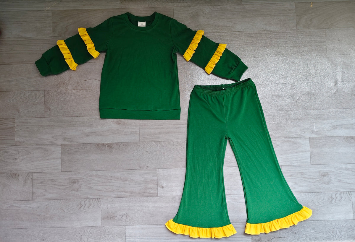 (Sample) No moq cotton GLP4010 Baby Girls Green Long Sleeve Top Ruffle Bell Bottom Pant Clothes Set