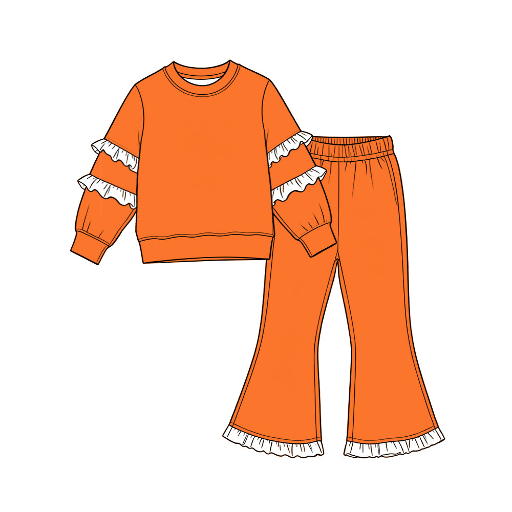 (Preorder new) No moq Baby Girls Solid Color Long Sleeve Top Double Ruffle Sleeve And Hem Bell Bottom Pants Set