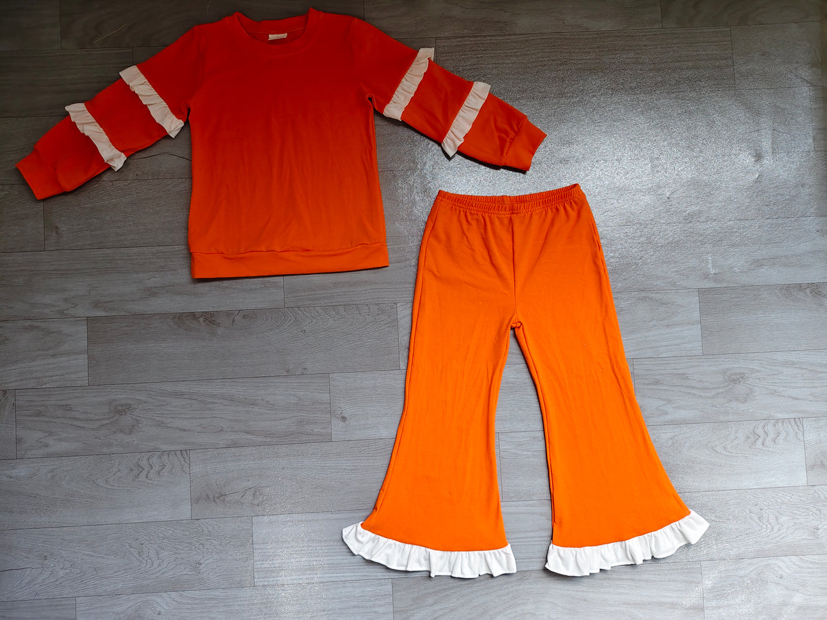 (Sample) No moq cotton GLP4011 Baby Girls Orange Long Sleeve Top Ruffle Bell Bottom Pant Clothes Set