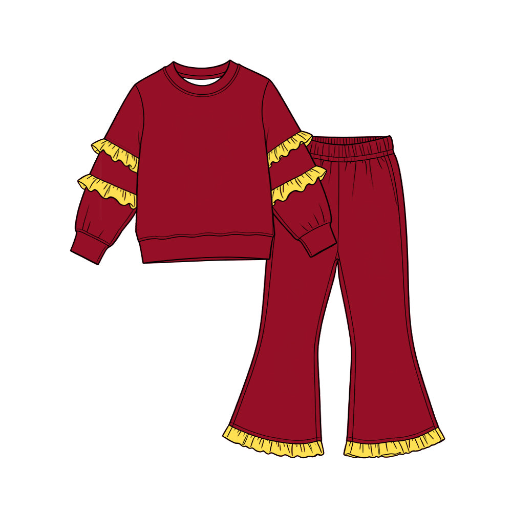 (Preorder new) No moq Baby Girls Solid Color Long Sleeve Top Double Ruffle Sleeve And Hem Bell Bottom Pants Set