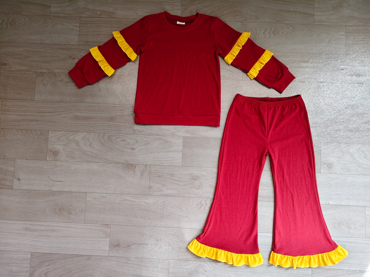 (Sample) No moq cotton GLP4012 Baby Girls Maroon Long Sleeve Top Ruffle Bell Bottom Pant Clothes Set