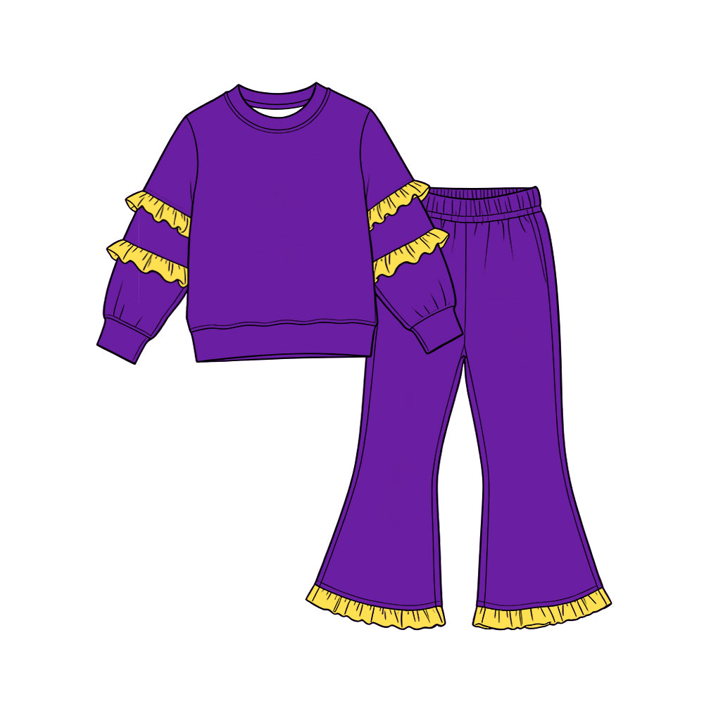 (Preorder new) No moq Baby Girls Solid Color Long Sleeve Top Double Ruffle Sleeve And Hem Bell Bottom Pants Set