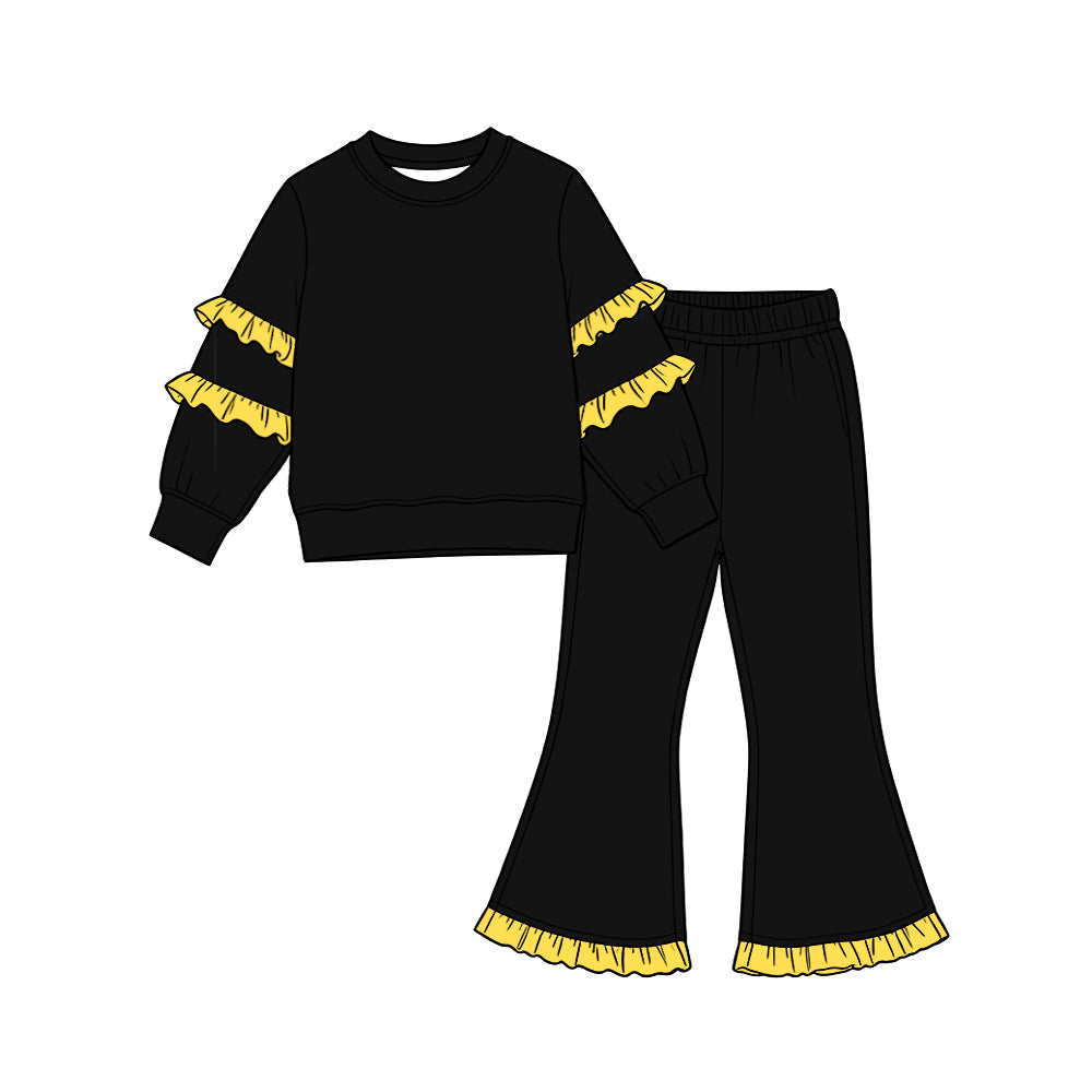 (Preorder new) No moq Baby Girls Solid Color Long Sleeve Top Double Ruffle Sleeve And Hem Bell Bottom Pants Set