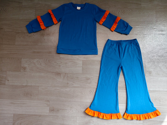 (Sample) No moq cotton GLP4015  Baby Girls Blue Orange Long Sleeve Top Ruffle Bell Bottom Pant Clothes Set