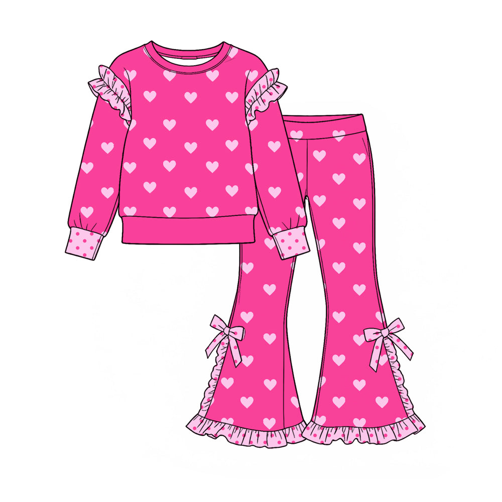 (Preorder new) No moq GLP4016 Baby Girls Hot Pink Heart Print Ruffle Long Sleeve Top And Bow Flare Pants Two Piece Outfit