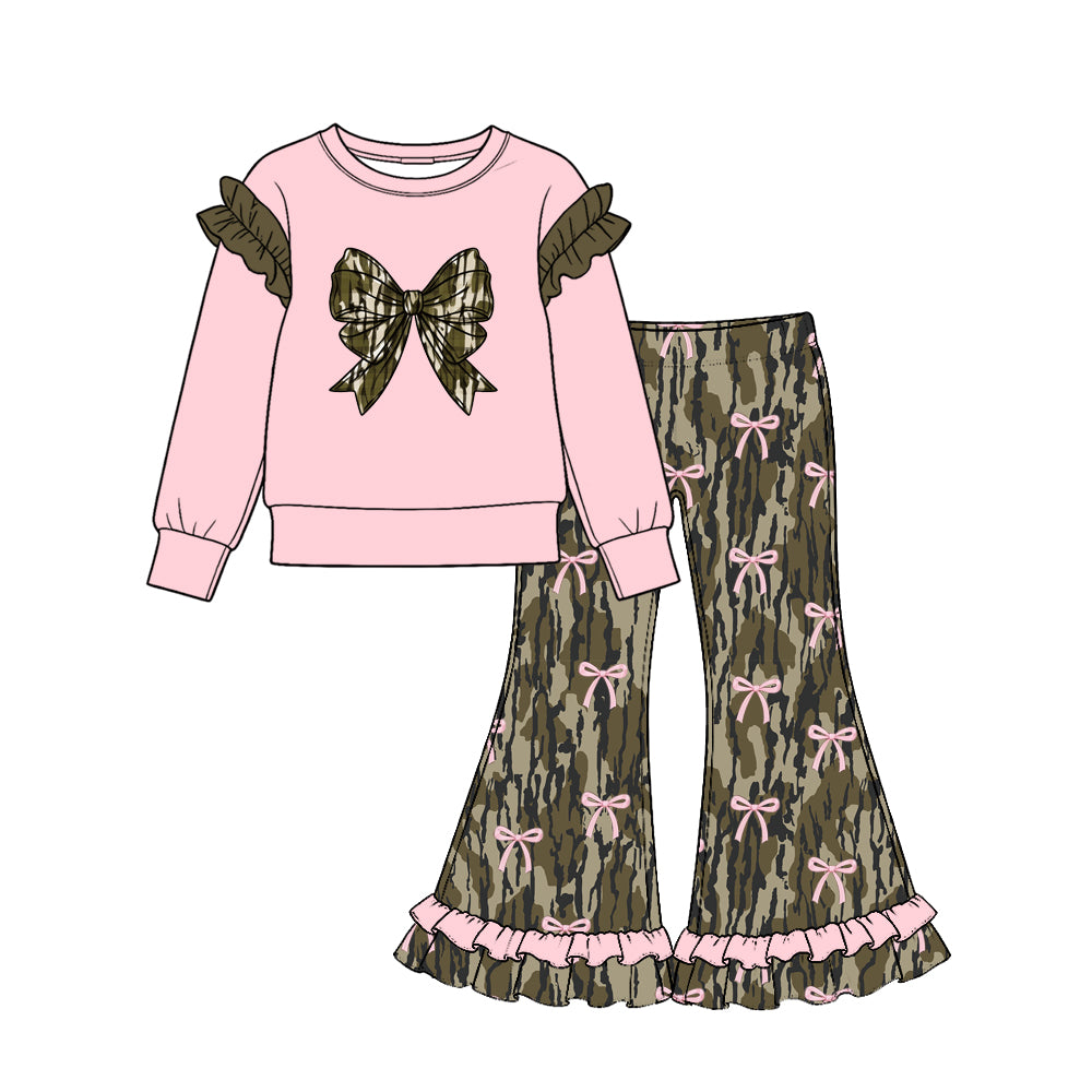 (Preorder new) No moq Girls Bow Print Long Sleeve Top And Flare Pant Clothes Set