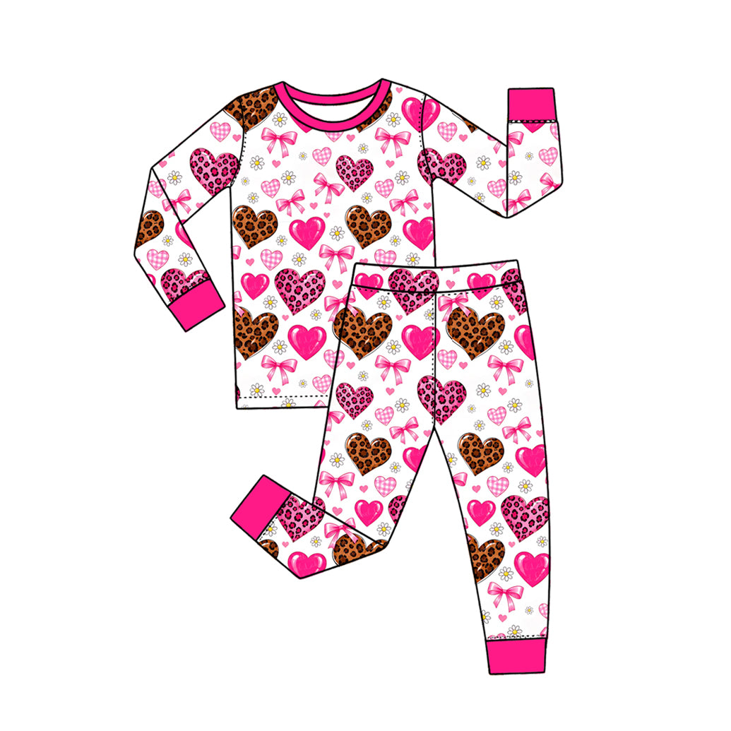 (Preorder new) No moq Baby Girls Pink Leopard Heart Bow Pajama Set Zipper Romper Long Sleeve Sleepwear