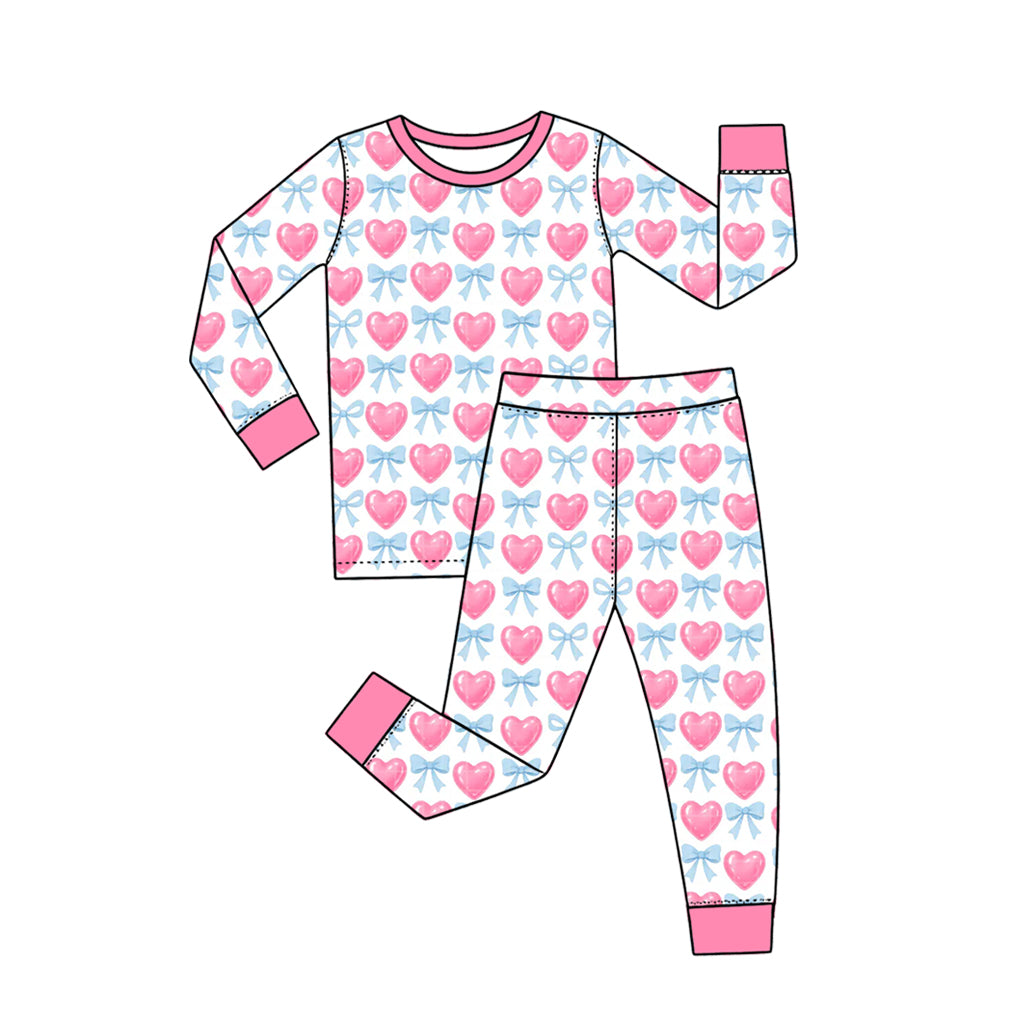 (Preorder new) No moq Baby Girls Pink Heart Blue Bow Print Long Sleeve Pajama Set And Zipper Romper