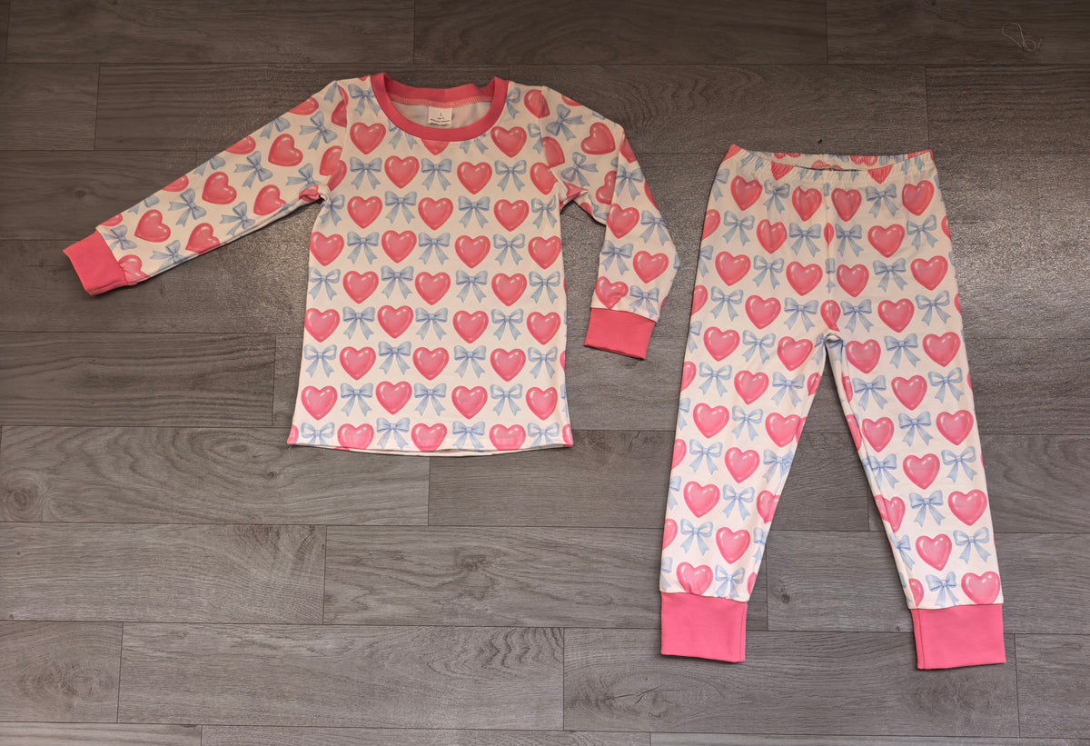 (Sample) No moq milk silk GLP4022 Baby Girls Pink Blue Bows Hearts Valentines Long Sleeve Top Pant Pajamas Outfit