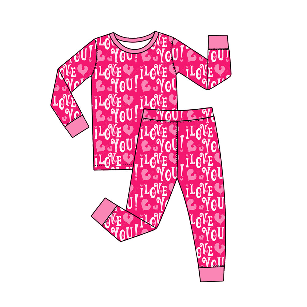 (Preorder new) No moq Baby Girls Pink I Love You Heart Print Long Sleeve Zipper Romper And Top Pant Pajama Set
